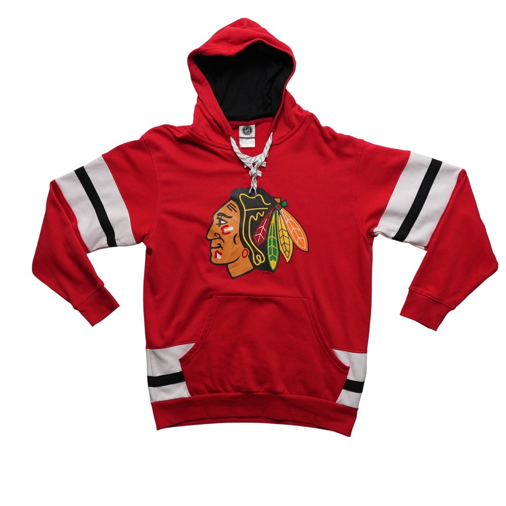 NHL‎ Chicago Blackhawks Hoodie Mens Large Red Lace Up Pullover Striped Sleeves